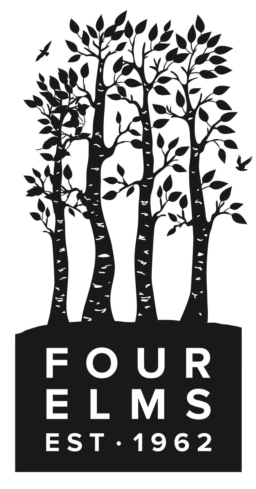 a black and white logo for four elms est 1962
