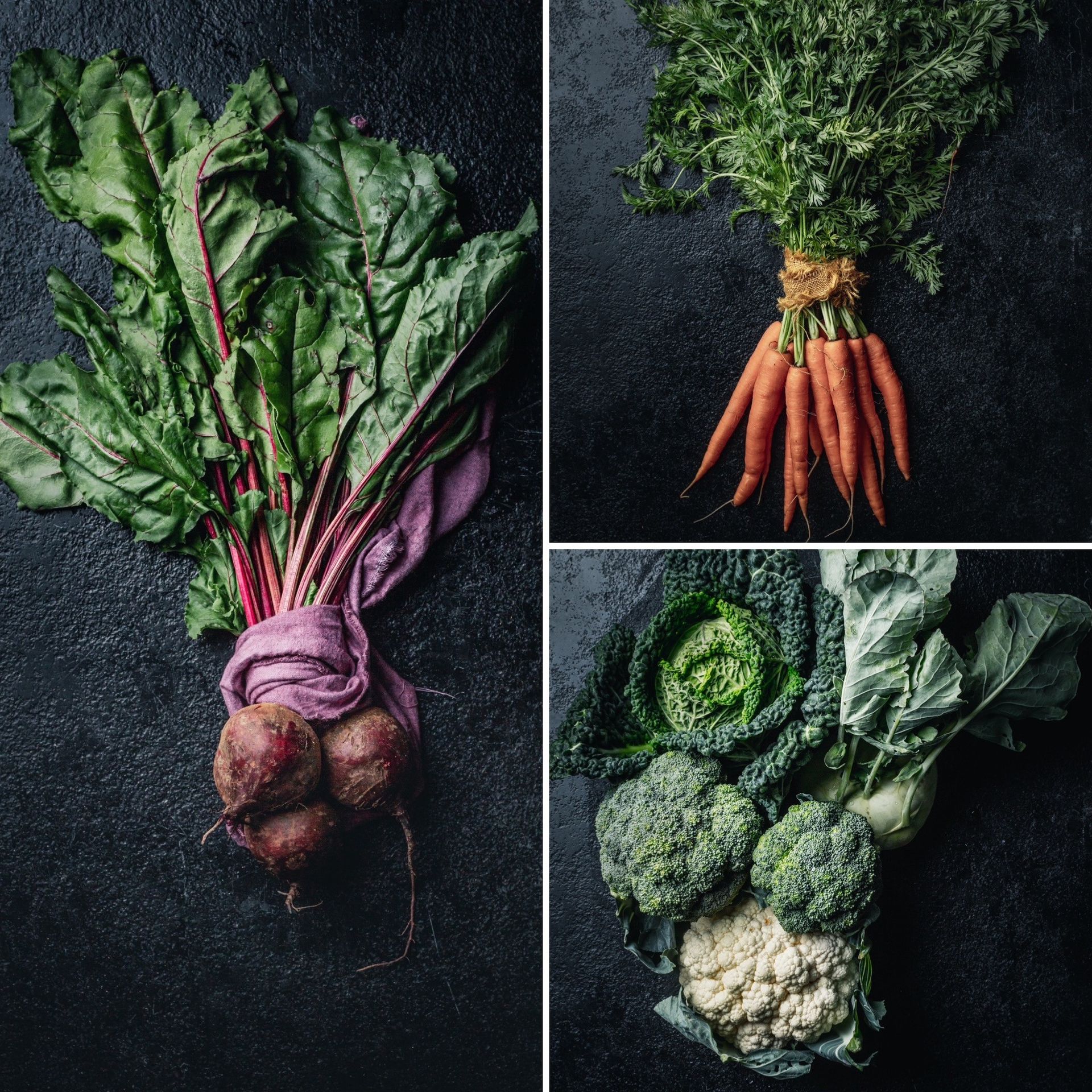 a collage of three pictures of different types of vegetables
