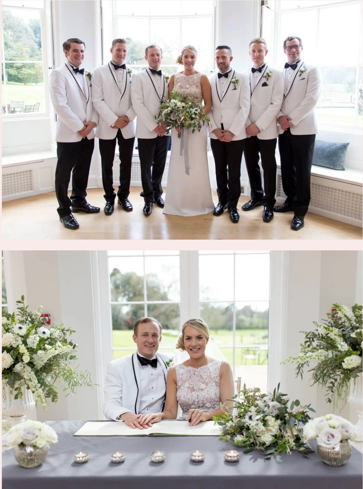 a bride and groom are posing for a picture with their wedding party .