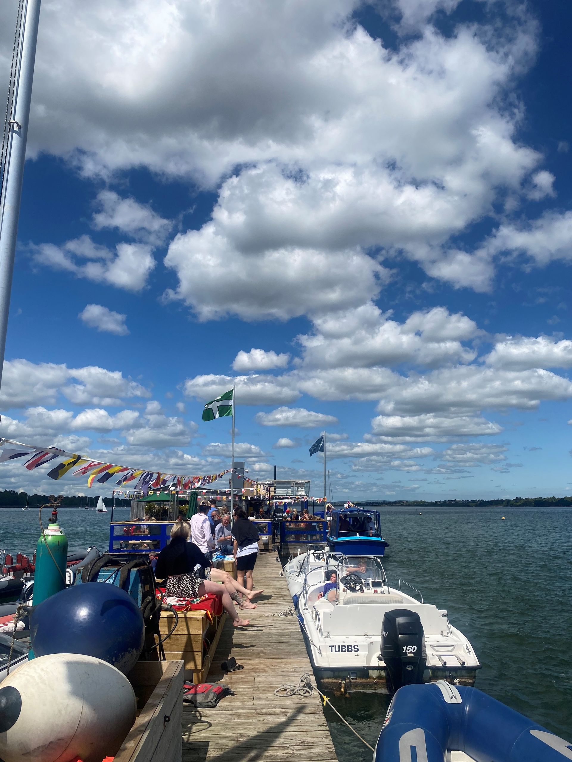 a group of boats are docked at a dock on a sunny day .