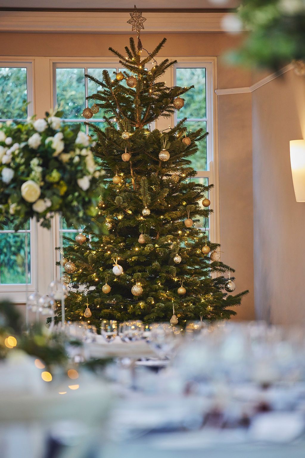 there is a christmas tree in the middle of the room .