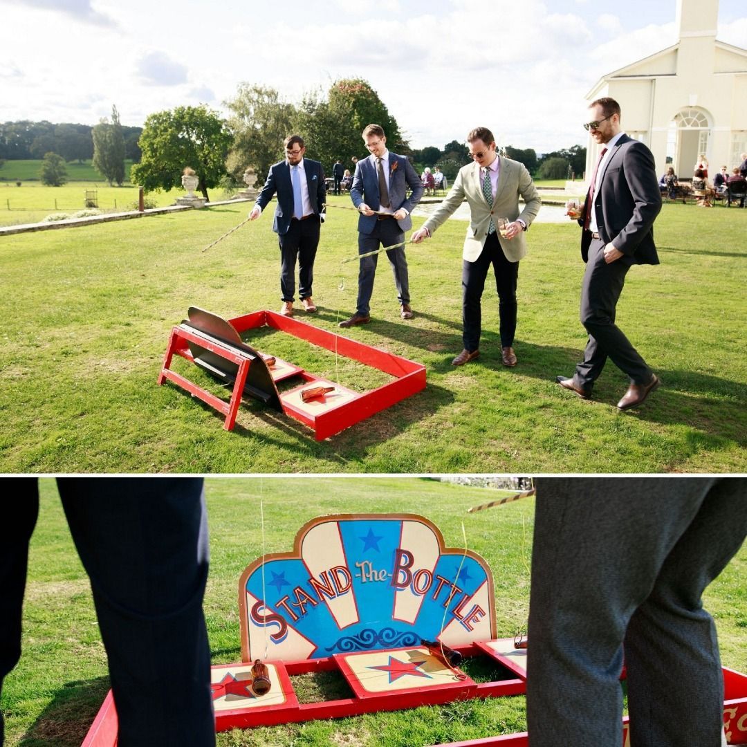a group of men are playing a game called bean bag toss