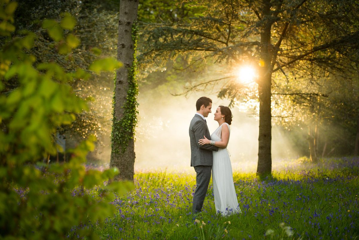 a bride and groom are standing in a field of bluebells with the sun shining through the trees .