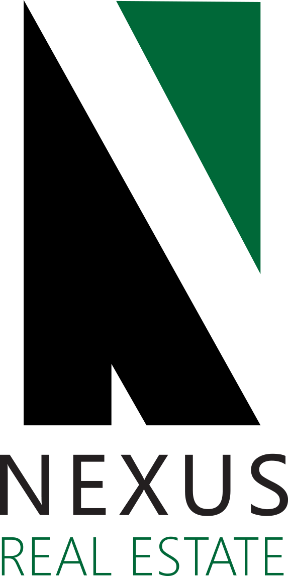 The logo for nexus real estate is black and green.