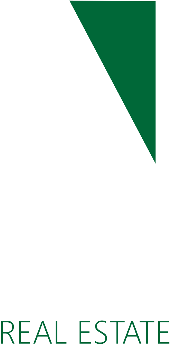 A real estate logo with a green triangle on a white background.