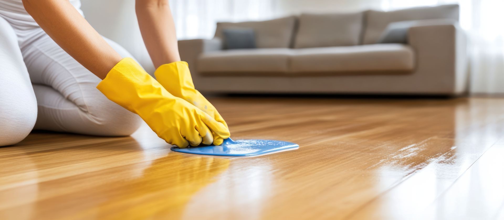 Yellow-gloved hands wiping a hardwood floor with a blue cloth in a living room