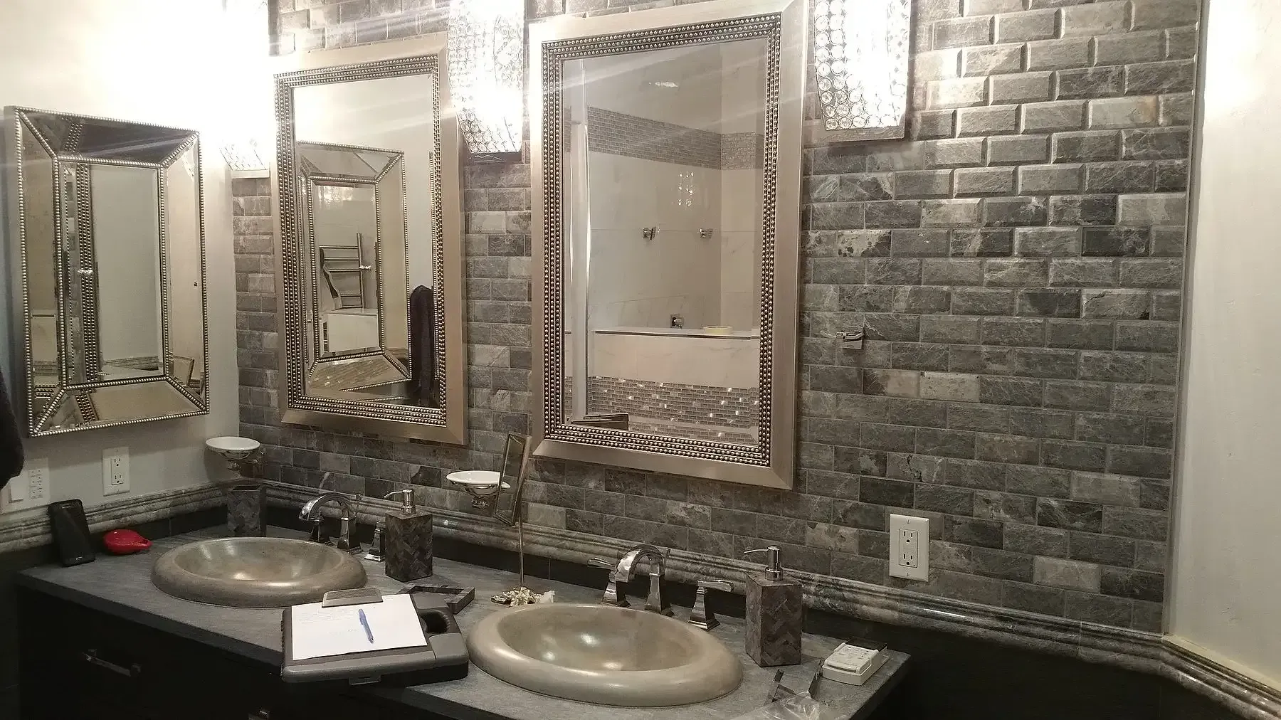 A bathroom with two sinks and two mirrors. Bathroom Remodel in San Marcos CA