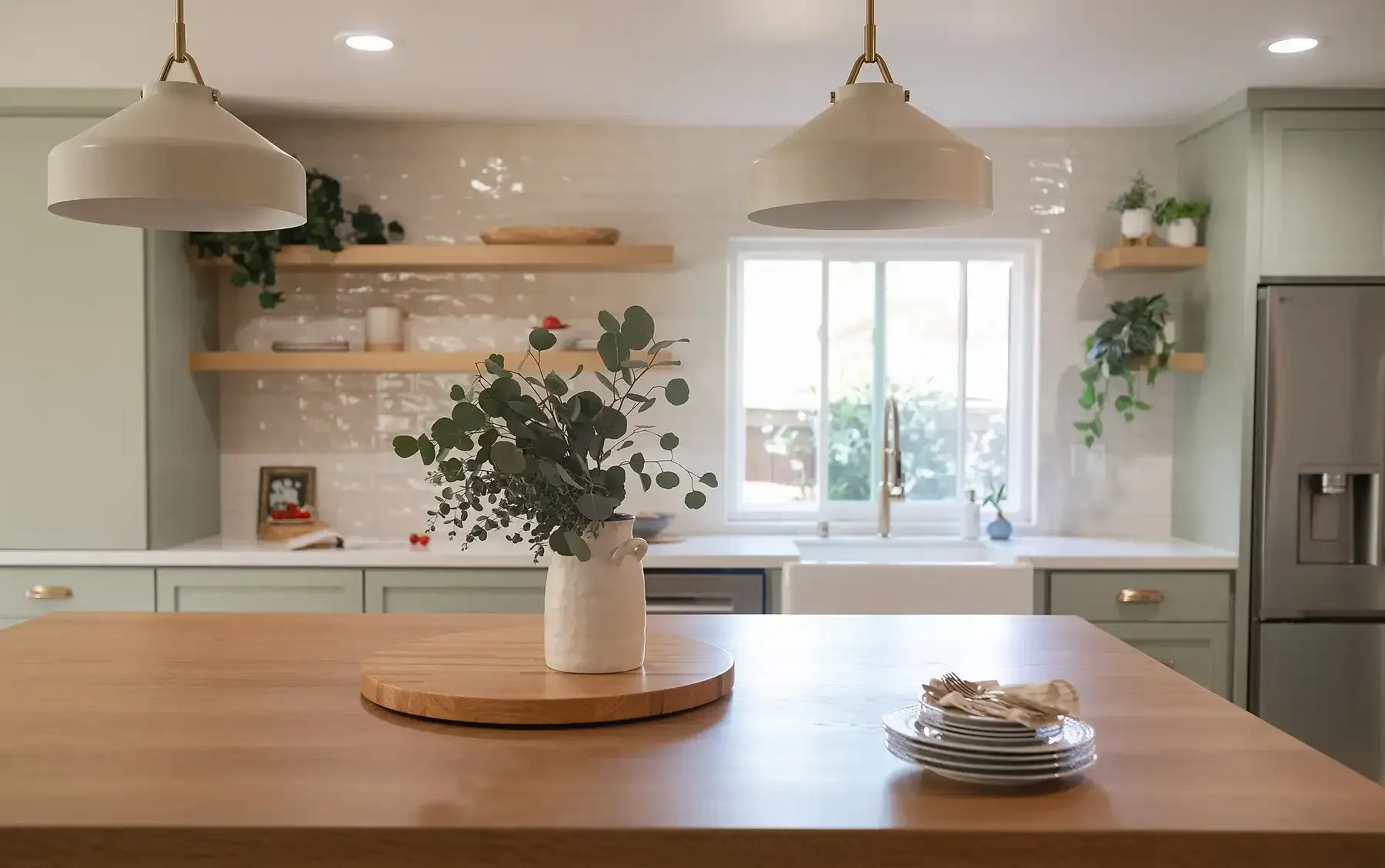 Team Renovate - Kitchen with sage green cabinets, wood island, white backsplash, and hanging plants.