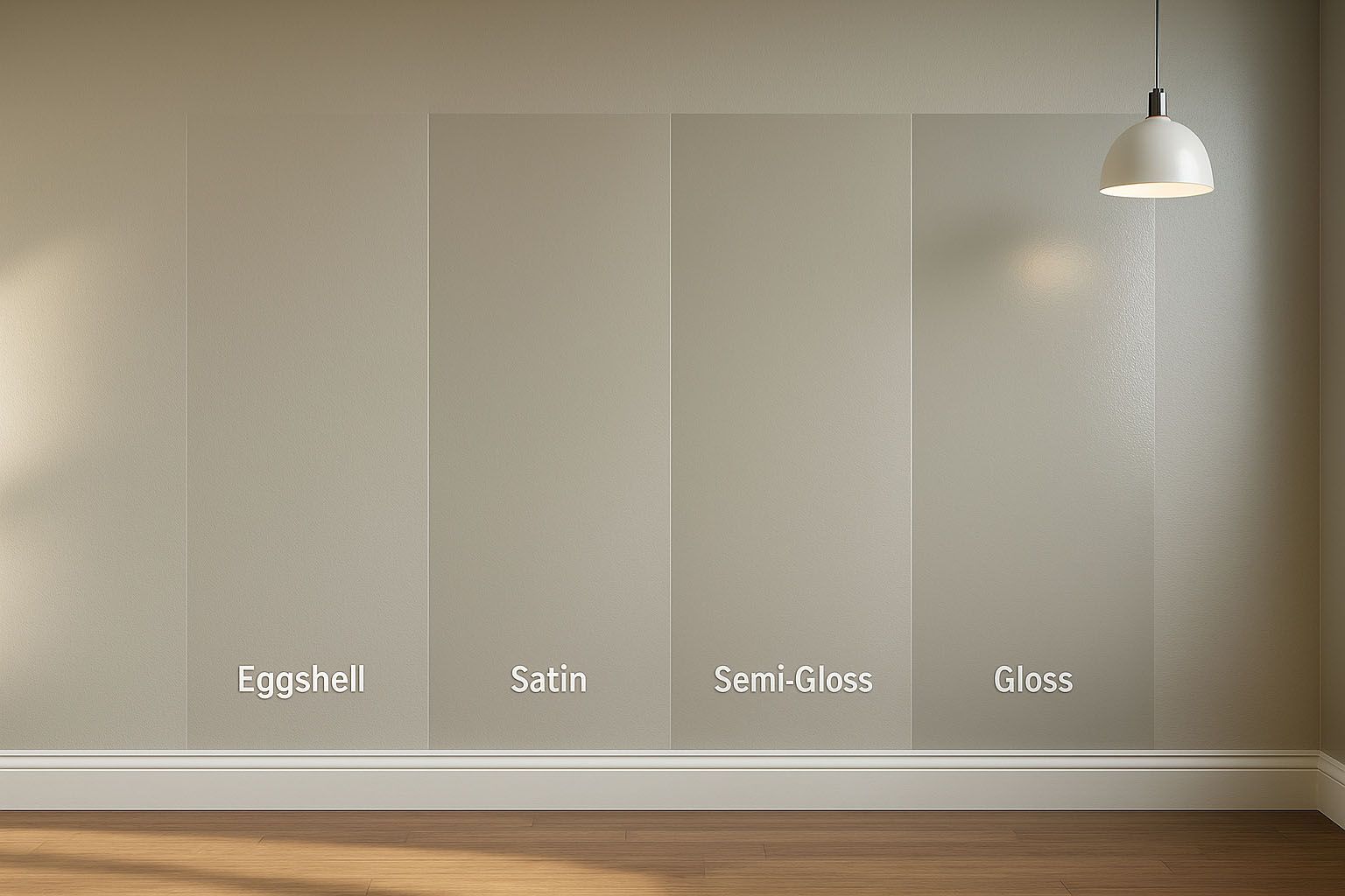 An empty room with four different types of paint sheen  on the wall.