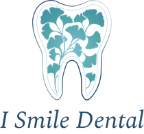 Glowing blue circular logo with tooth icon and text “I Smile Dental” and “Prosperity & Wellness”