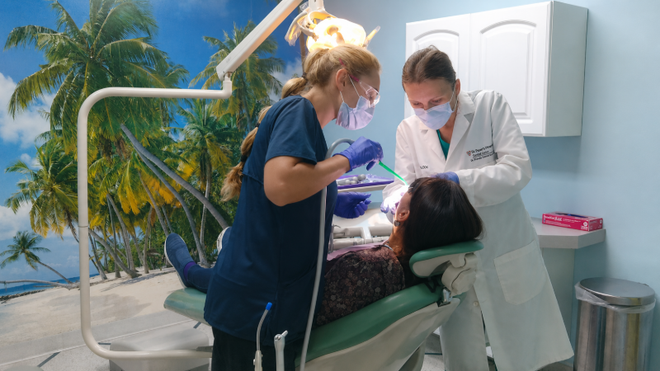 Dentist and assistant treating a patient in a bright tropical-themed clinic