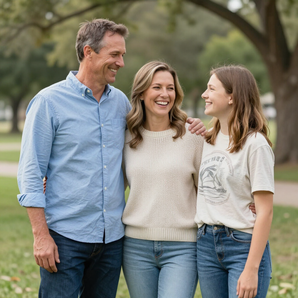 Three people smiling and walking together in a park, wearing casual clothes