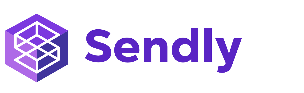 Het logo voor Sendly is paars en wit en heeft een paarse zeshoek in het midden.