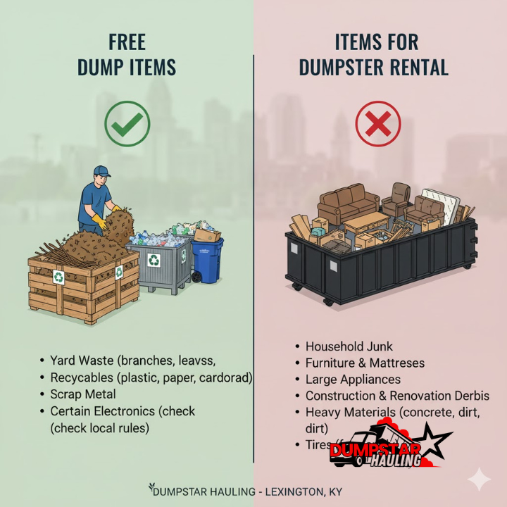 A side-by-side visual comparing free dump items vs. items requiring a dumpster rental, helping readers immediately grasp what qualifies.
