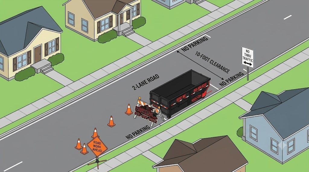 Dumpster placed on a Lexington, KY street with proper lane blockage permit signage