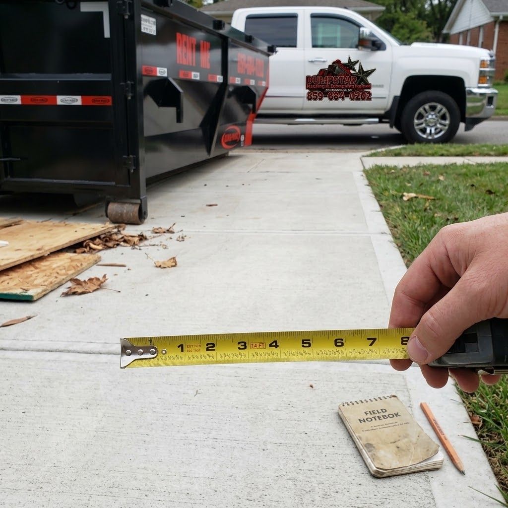 Someone measuring a driveway with a tape measure, with your truck in the background.