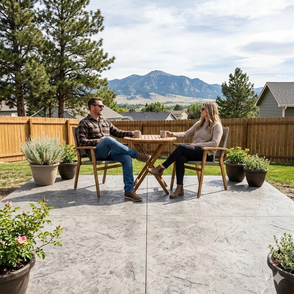 Two people sitting at a small table on a patio with mountains and a fenced yard in the background