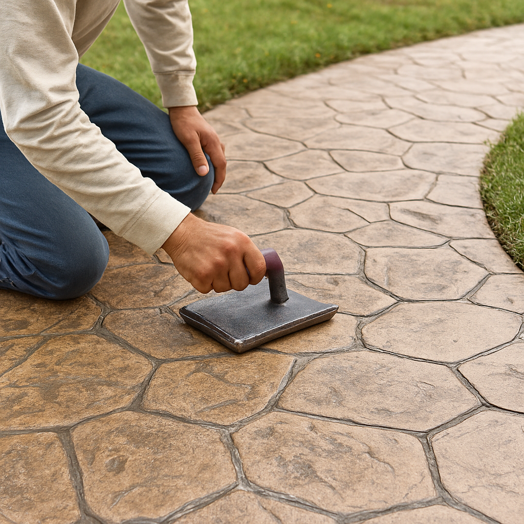 Person stamping decorative pattern onto wet concrete pathway.