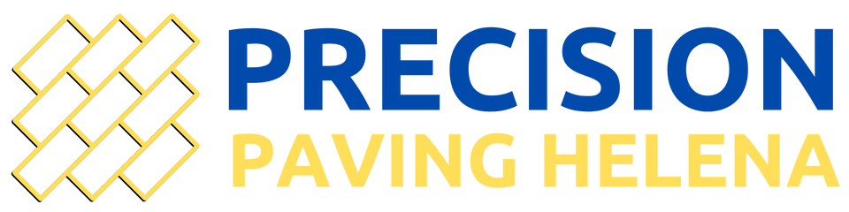 A blue and yellow logo for precision paving helena