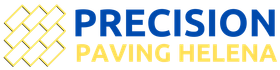 A blue and yellow logo for precision paving helena
