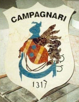 Stemma CAMPAGNARI con uccello araldico multicolore e numero 1317