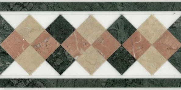 Bordo decorativo a mosaico di diamanti nei toni del beige, rosa, verde scuro e bianco su sfondo bianco.
