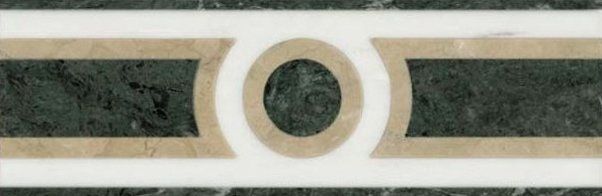 Bordo decorativo geometrico con pannelli verdi e cerchio centrale su sfondo crema