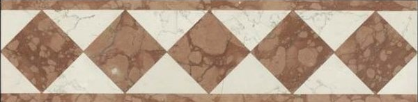 Bordo di piastrelle geometriche con motivi a rombi e triangoli nei toni del beige e del bianco.