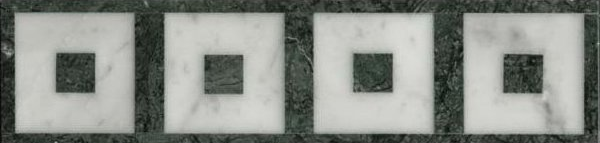 Quattro piastrelle quadrate bianche con piccoli centri quadrati scuri su uno sfondo grigio con trama.