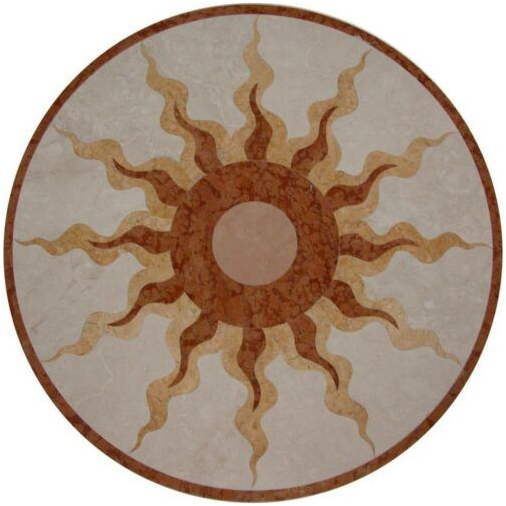 Mosaico solare marrone con raggi ondulati su uno sfondo circolare chiaro.