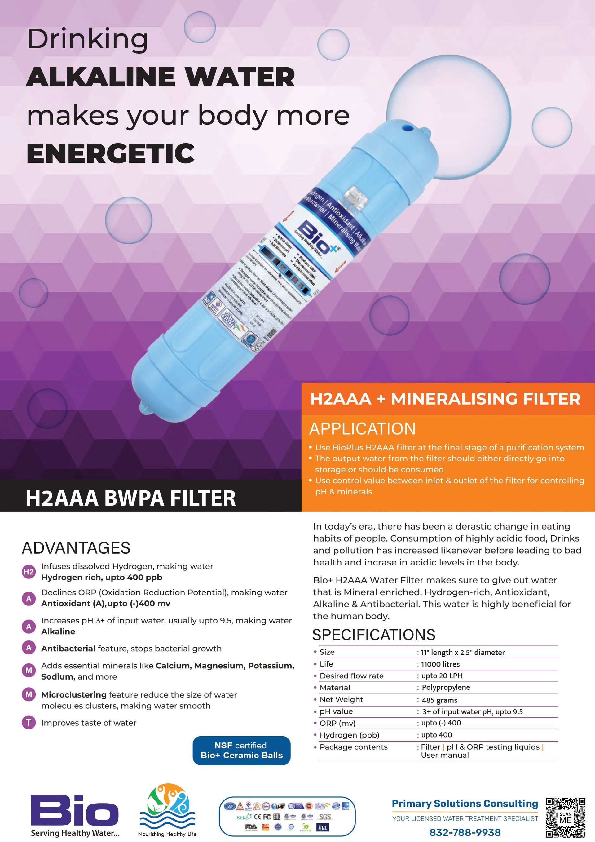 BioPlus H2AAA alkaline mineralising filter specification sheet showing advantages, application, and performance details.