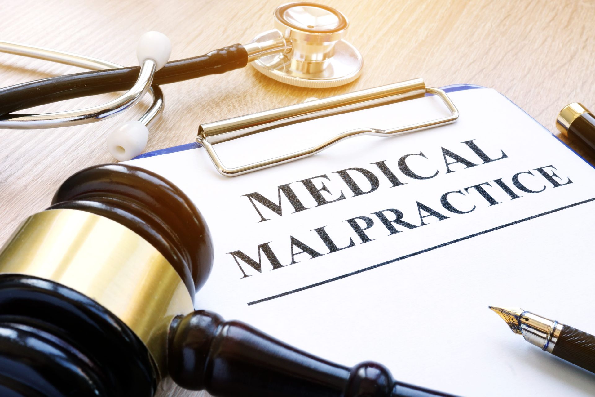 A wooden gavel rests on a clipboard labeled 