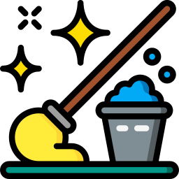 A mop and bucket with suds, illustrated with yellow, blue, and brown, for cleaning.