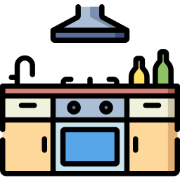 Kitchen countertop with stove, oven, sink, exhaust hood, and bottles.