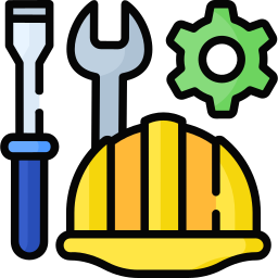 Tools and hard hat icon: screwdriver, wrench, gear, and yellow hard hat.