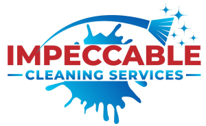 Logo for "Impeccable Cleaning Services" with blue and red text and a cleaning brush graphic.