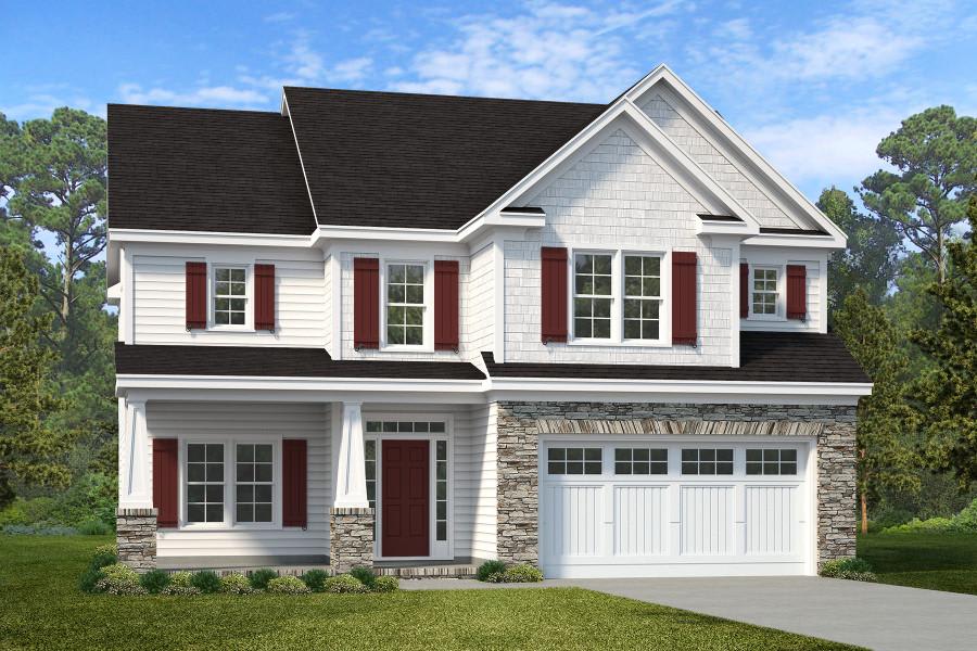 model of new home, white home with red shutters and door