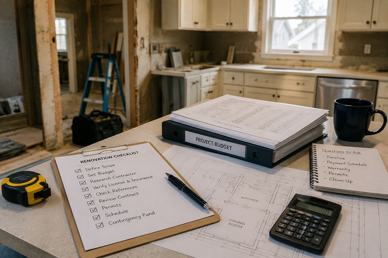 Kitchen countertop with notebooks, calculator, tape measure, coffee mug, and plans under renovation.