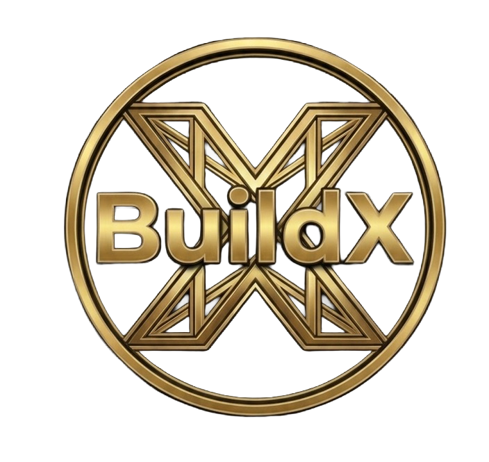 Gold circular BuildX logo with a stylized X and bold metallic text on white background