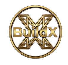 Gold circular BuildX logo with a stylized X and bold metallic text on white background