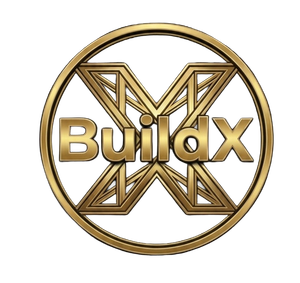Gold circular BuildX logo with a stylized X and bold metallic text on white background