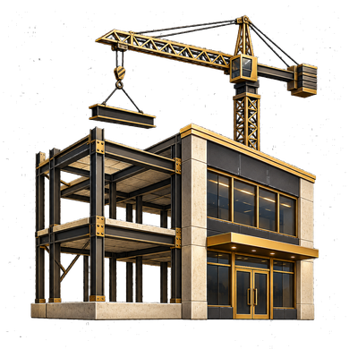 Construction site with a crane lifting materials beside a partially built modern steel-frame building.