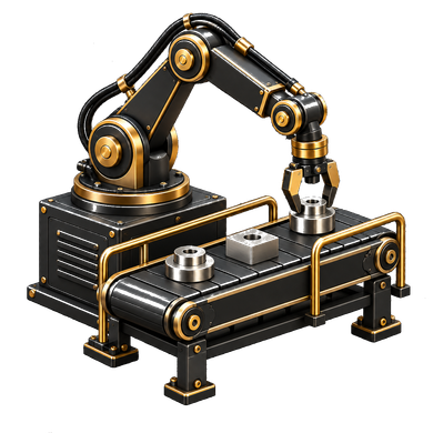 Black-and-gold robotic arm over a conveyor belt with small metal parts, isolated on white background