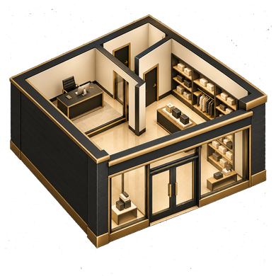 Isometric 3D floor plan of a modern shop interior with counters, shelves, and display cases