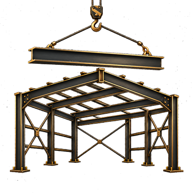 Steel frame structure being lifted by a crane hoist, shown in a technical illustration.