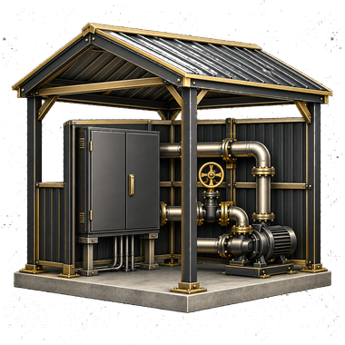 Industrial pump and control unit under a small black-and-gold metal shelter on a concrete base