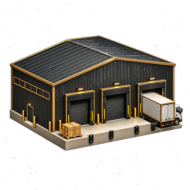 Dark gray warehouse with yellow trim, three loading bays, and a truck at the dock