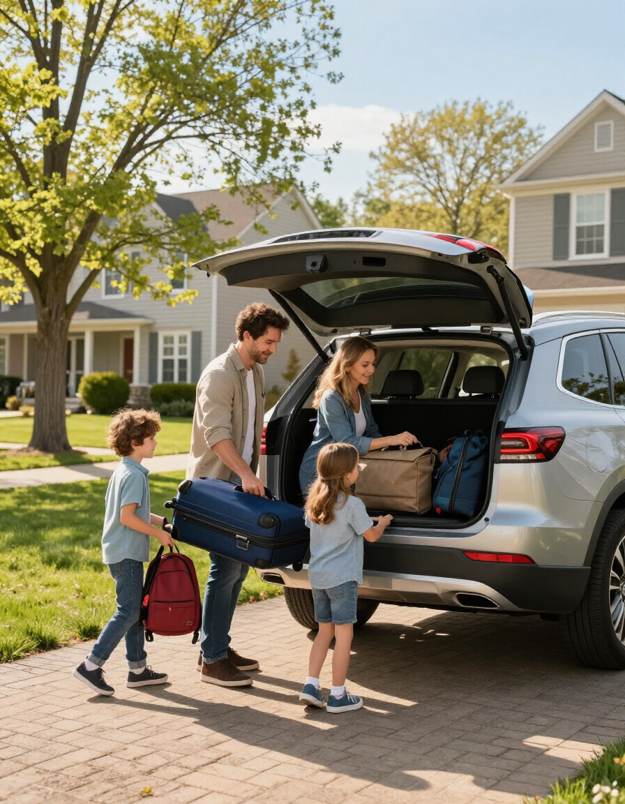 Family loading luggage into an SUV on a suburban Pennsylvania driveway