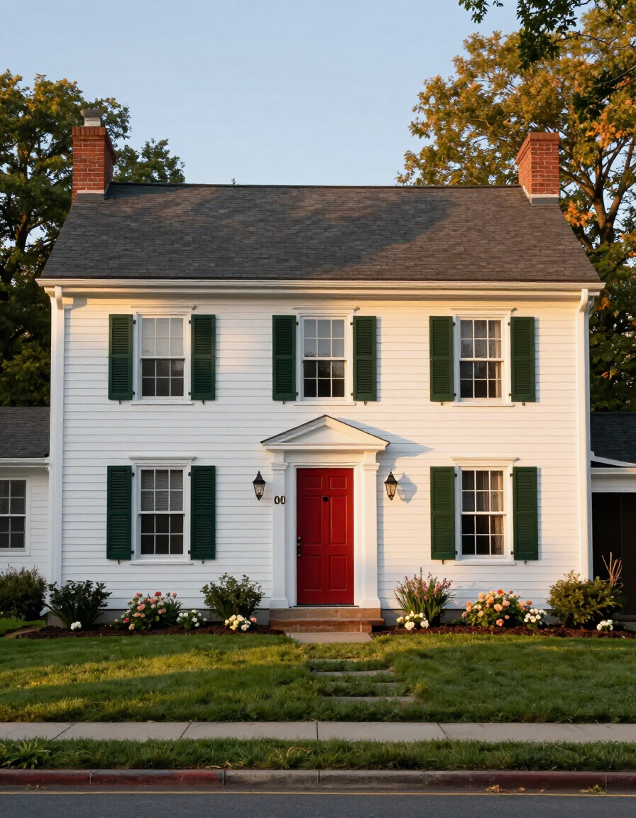 Well-maintained colonial home exterior in a Pennsylvania suburb with golden afternoon light