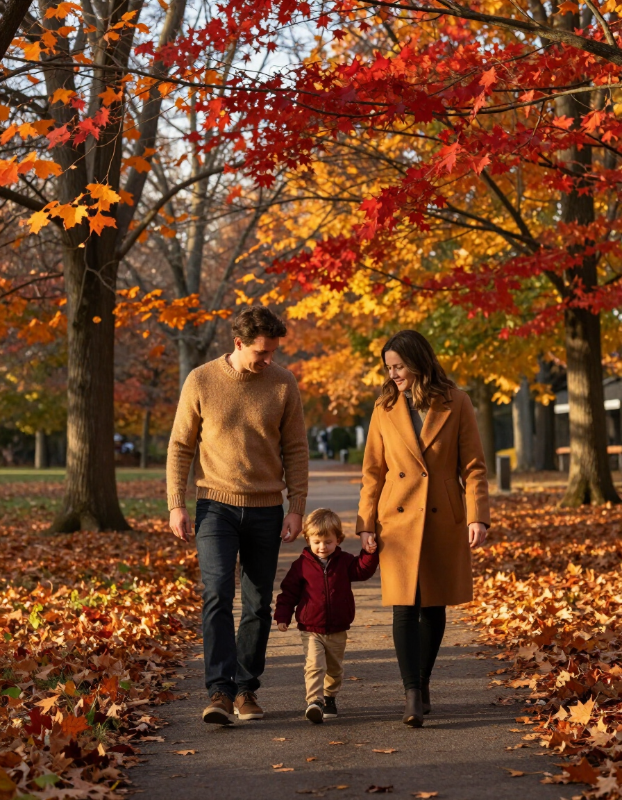Couple and young child walking together through a Pennsylvania park in autumn